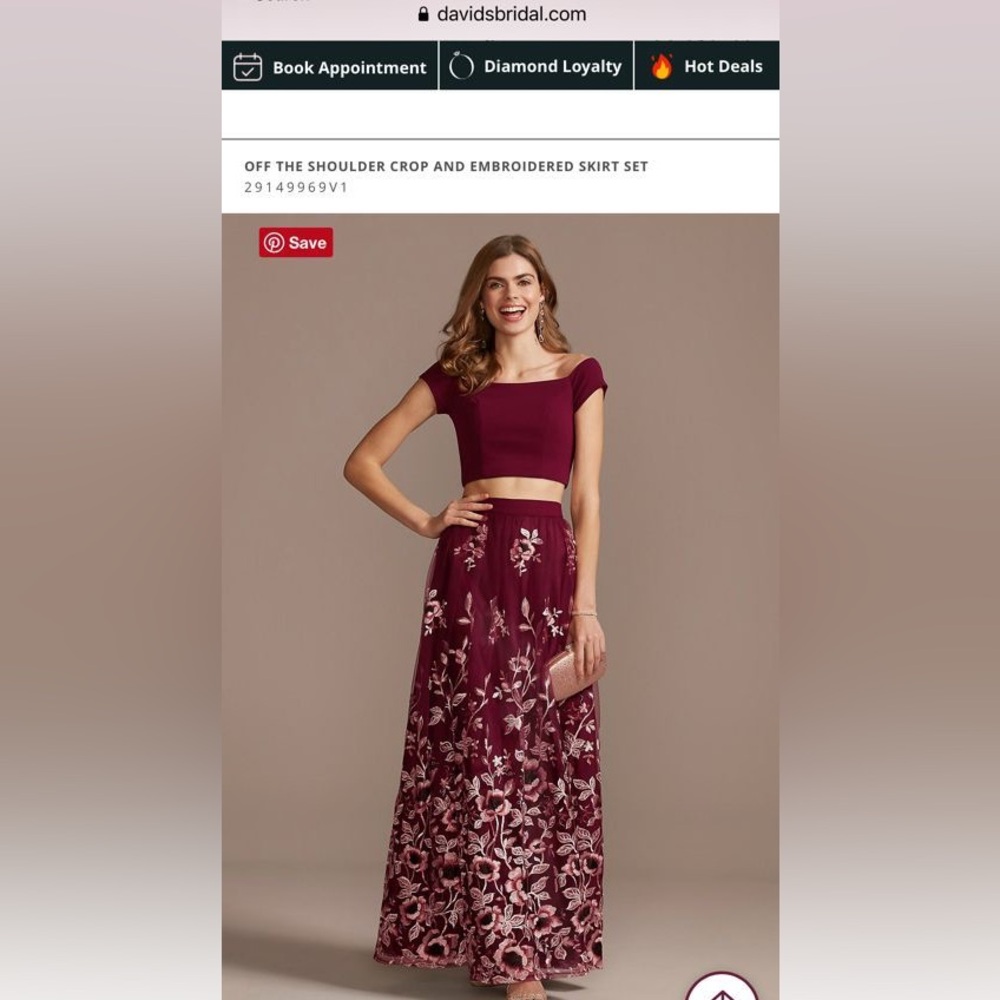 David’s Bridal Off the shoulder crop and embroidered skirt set